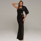 One Shoulder Short Sleeve Asymmetrical Maxi Prom Dress
